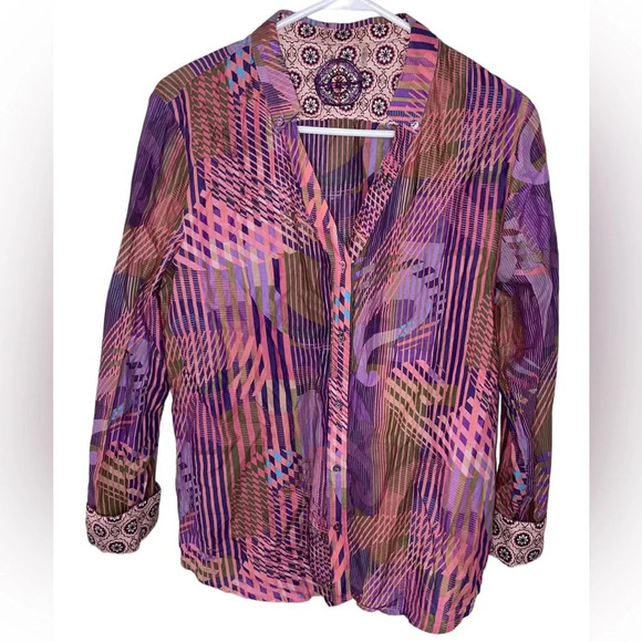 ROBERT GRAHAM Abstract Striped Button Up Shirt Women’s Size Large Purple Pink - Picture 1 of 13